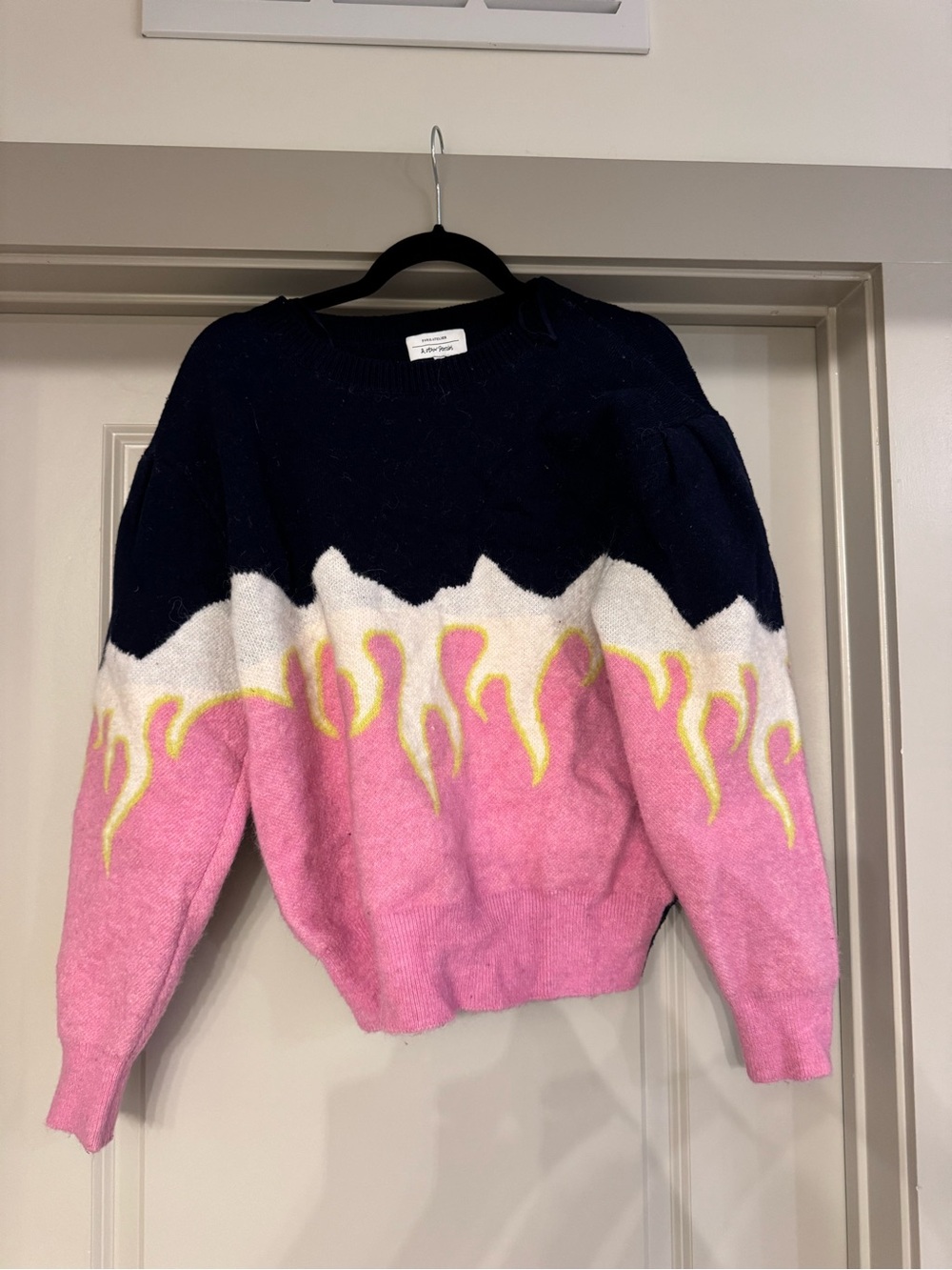 & Other Stories Navy, White and Pink Flame Crewneck Sweater